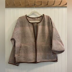Soft Surroundings Houndstooth Jacket Brown Pink Soft Woven Faux Leather Trim L